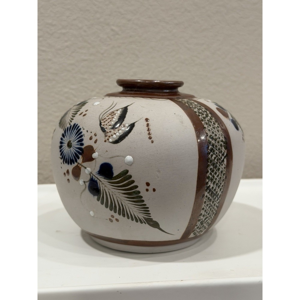 Vintage Tonala Pottery Vase Bird Flower Mexico Signed Santana Stoneware 5x6